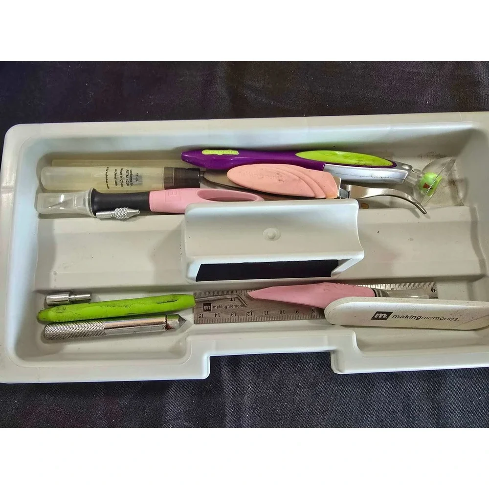 Purple Craft Storage Box with Making Memories Scrapbooking Tools and Accessories